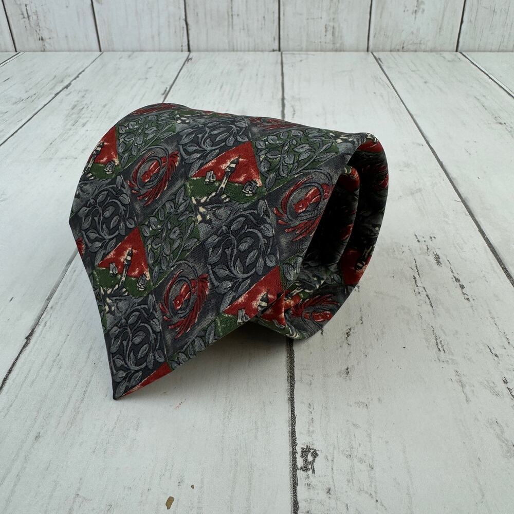 VTG Christian Dior Monsieur Grey/Red Silk Lighthouse & Bird Print Neck Tie Mens